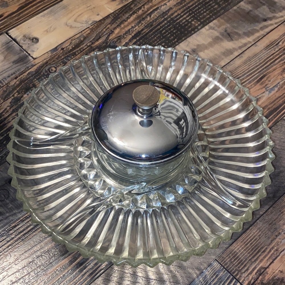 Kromex 1970’s Lazy Susan with walnut trim serving platter